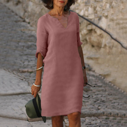 Robe Midi Légère à Col V pour Femme – Coupe Droite Décontractée