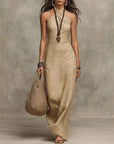 Robe Longue Femme à Bretelles Halter – Encolure Croisée Sans Manches