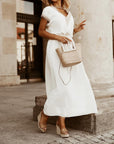 Robe Maxi Bohème Femme – Col V Pompons Manches Courtes Coupe Fluide