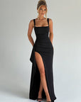 Robe Maxi Femme Fente Haute Stretch – Encolure Carrée Bretelles Réglables