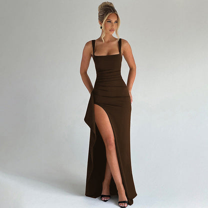 Robe Maxi Femme Fente Haute Stretch – Encolure Carrée Bretelles Réglables