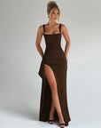 Robe Maxi Femme Fente Haute Stretch – Encolure Carrée Bretelles Réglables