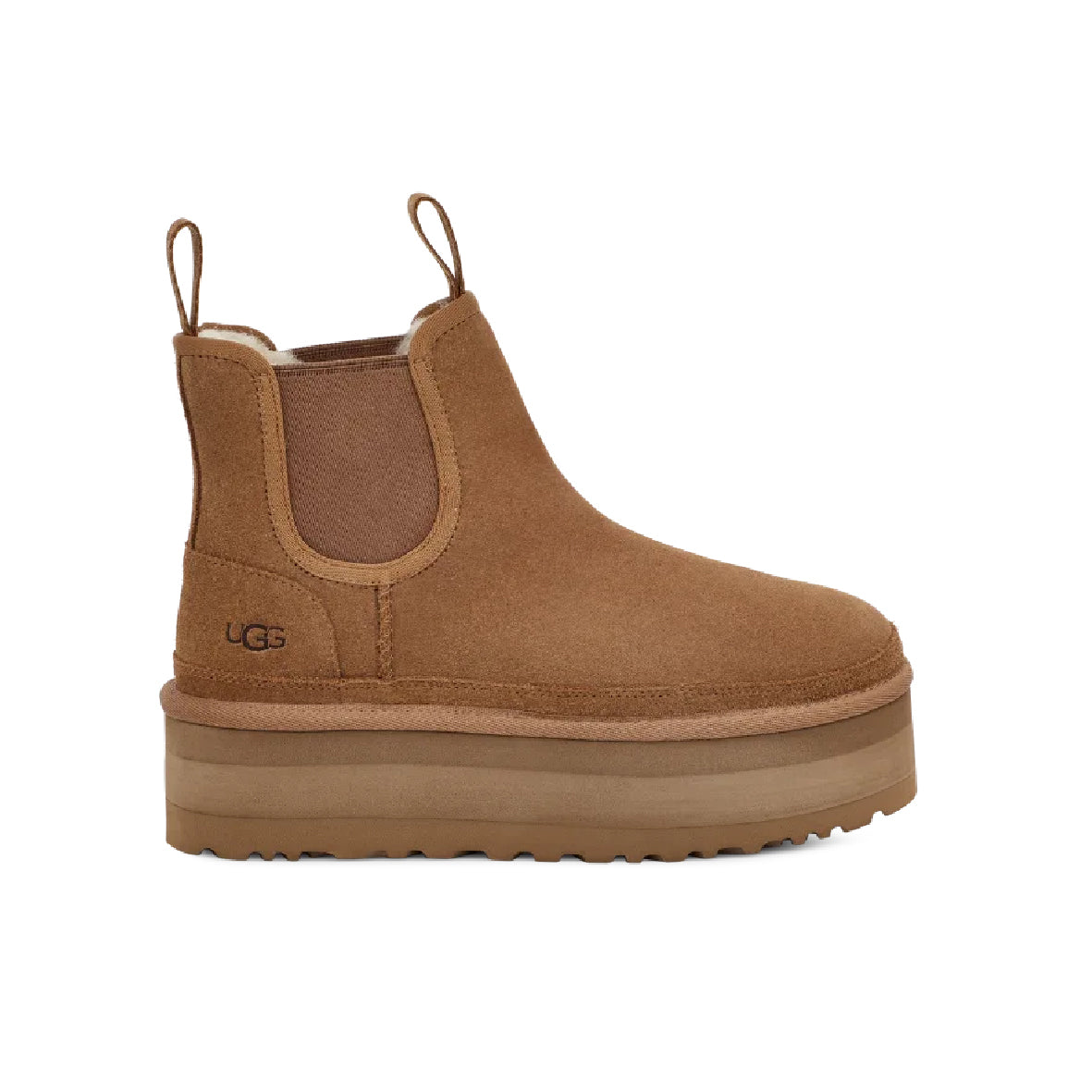 UGG Neumel Plateforme Chelsea Camel bottines chelsea à plateforme femme en daim et peau de mouton camel, vue de profil