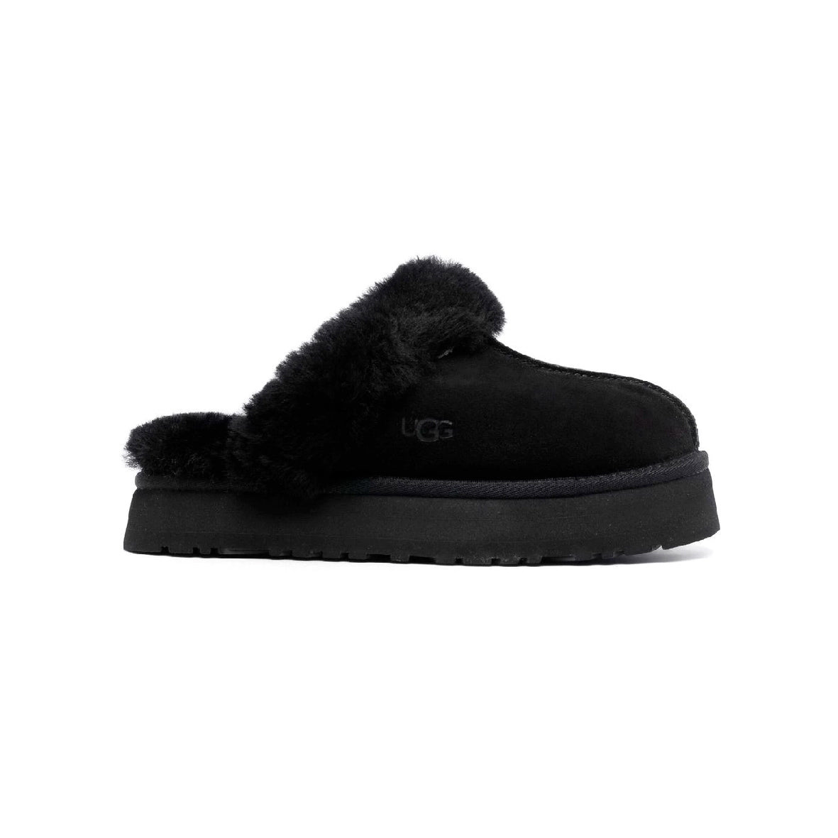 UGG Disquette Plateforme Black sabots fourrés femme en daim et peau de mouton noir, vue de profil