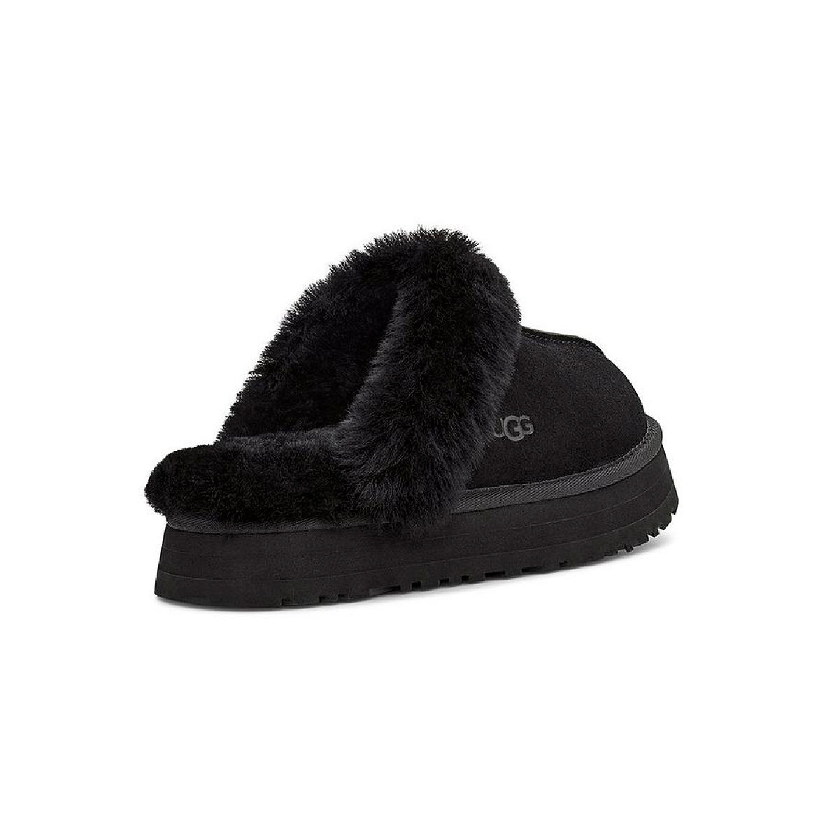 UGG Disquette Plateforme Black sabots fourrés femme en daim et peau de mouton noir, vue de face