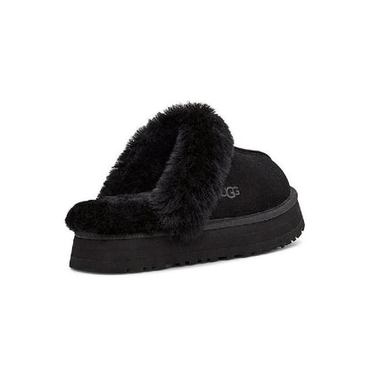 UGG Disquette Plateforme Black sabots fourrés femme en daim et peau de mouton noir, vue de face