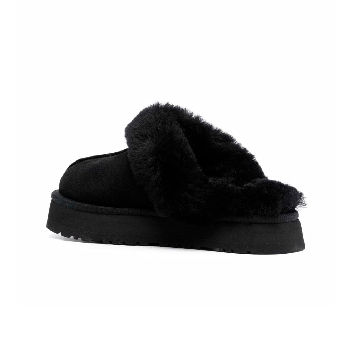 UGG Disquette Plateforme Black sabots fourrés femme en daim et peau de mouton noir, détail semelle