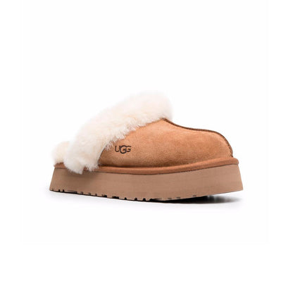 UGG Disquette Plateforme Camel sabots fourrés femme en daim et peau de mouton camel, vue de face