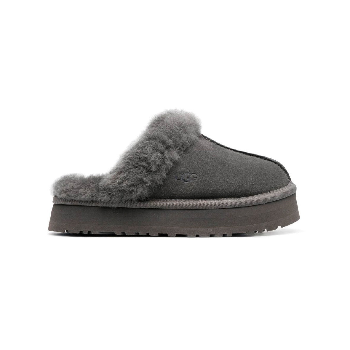 UGG Disquette Plateforme Grey sabots fourrés femme en daim et peau de mouton gris, vue de profil
