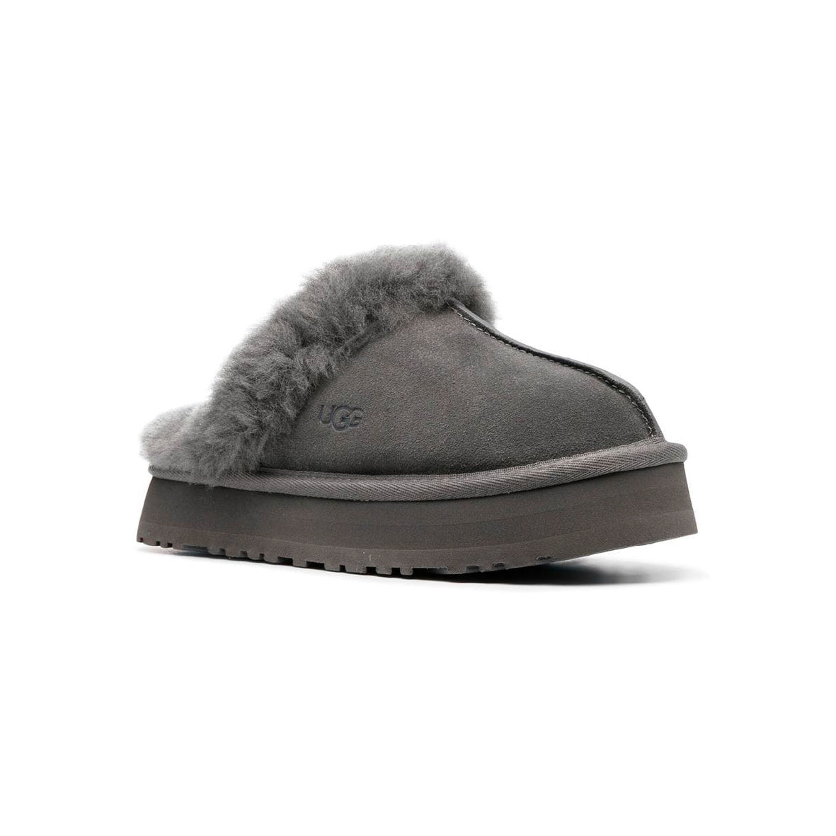UGG Disquette Plateforme Grey sabots fourrés femme en daim et peau de mouton gris, vue de face