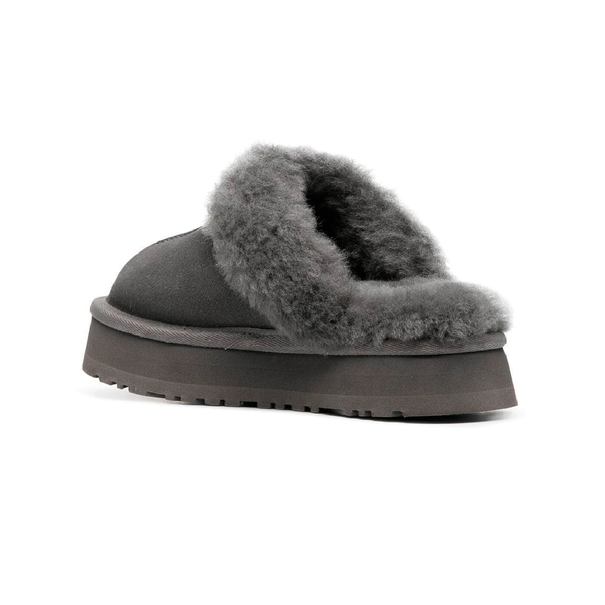 UGG Disquette Plateforme Grey sabots fourrés femme en daim et peau de mouton gris, détail semelle