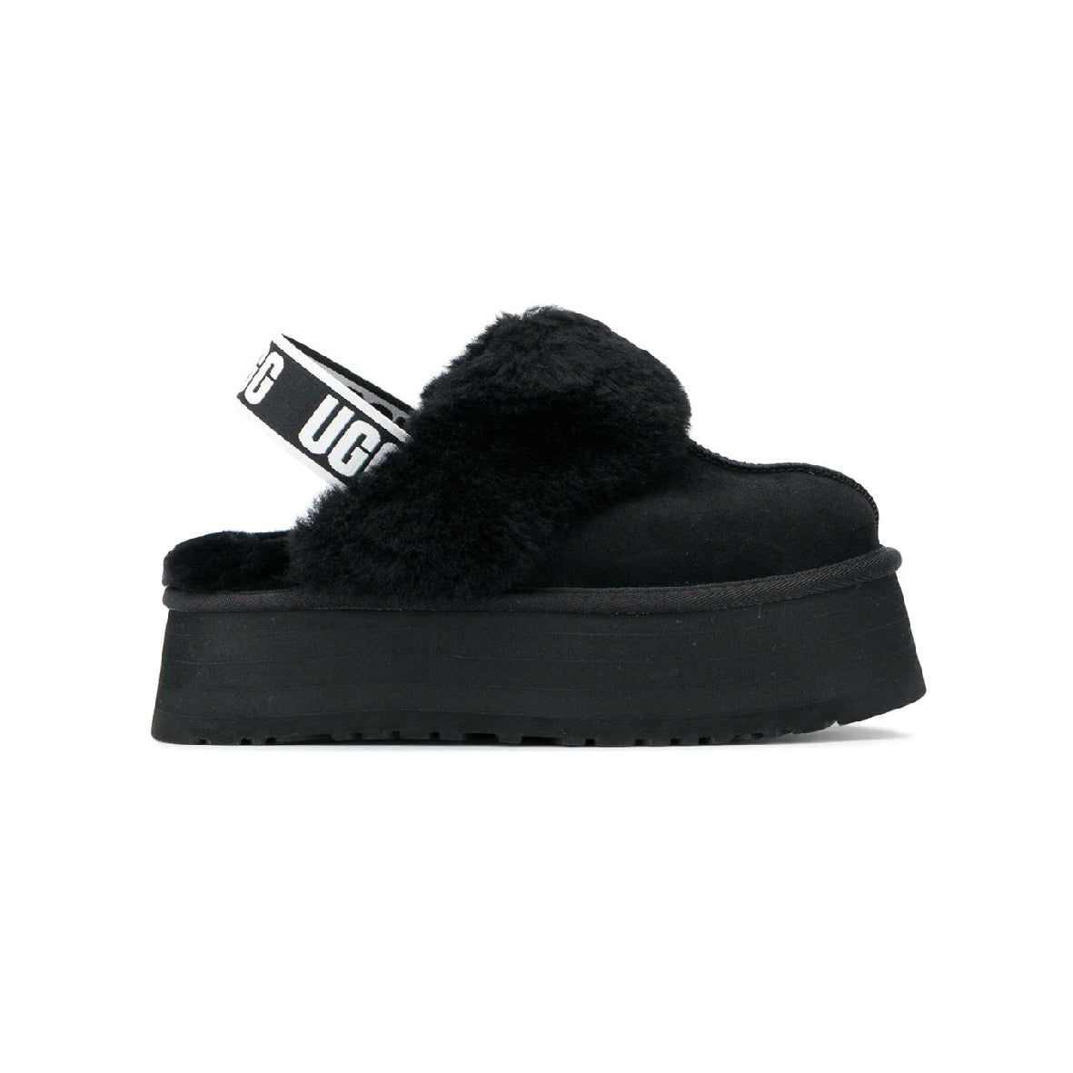 UGG Funkette Plateforme Black sabots à plateforme femme en daim et peau de mouton noir, vue de profil