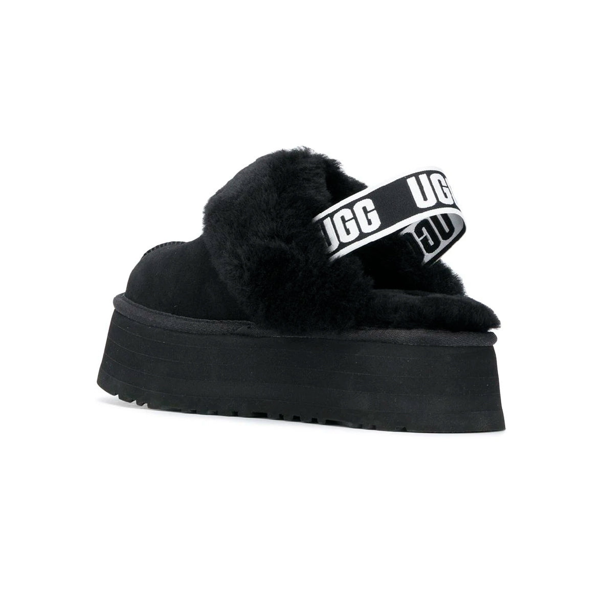 UGG Funkette Plateforme Black sabots à plateforme femme en daim et peau de mouton noir, détail semelle