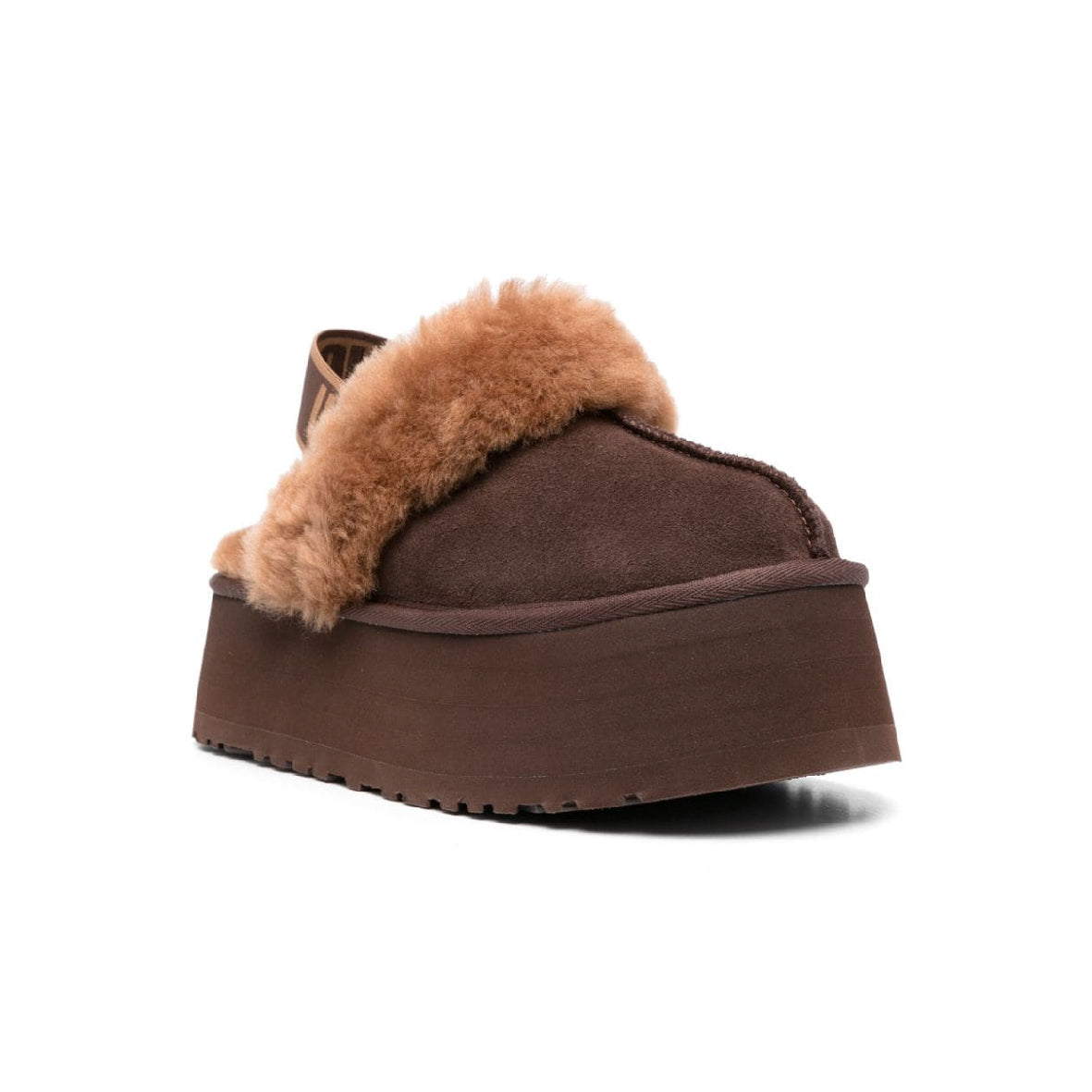 UGG Funkette Plateforme Brown sabots à plateforme femme en daim et peau de mouton marron, vue de face