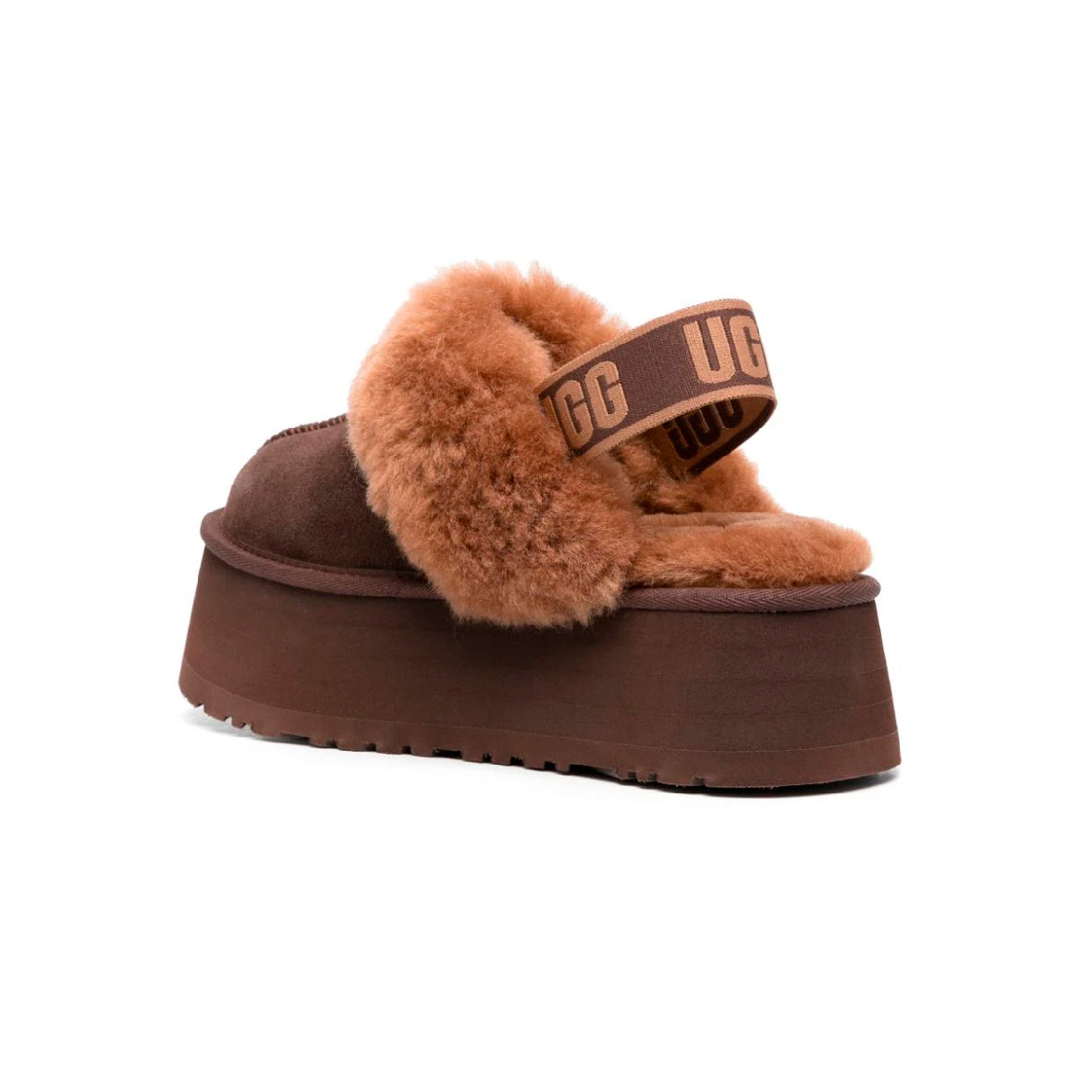 UGG Funkette Plateforme Brown sabots à plateforme femme en daim et peau de mouton marron, détail semelle