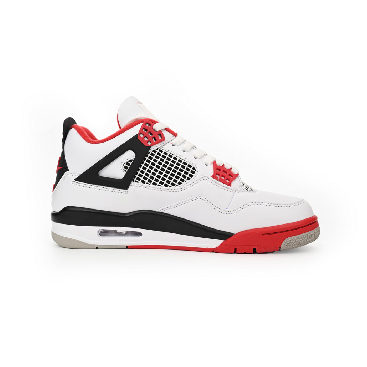 Air Jordan 4 Fire Red baskets homme et femme en cuir rouge, vue de profil