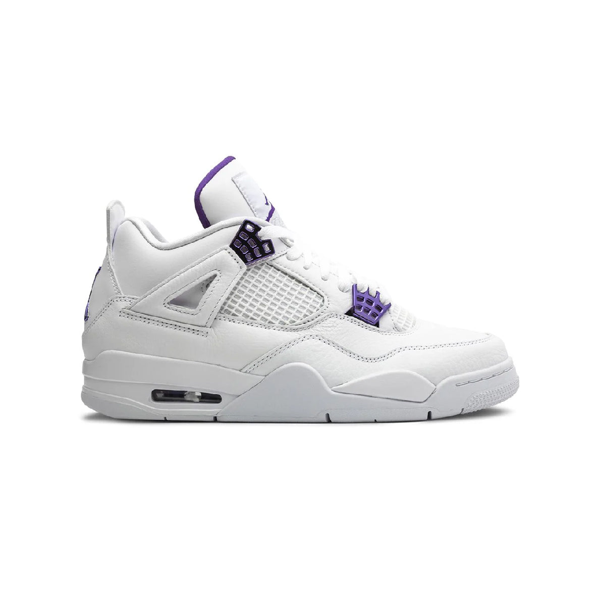 Air Jordan 4 Metallic Purple baskets homme et femme en cuir violet argent, vue de profil