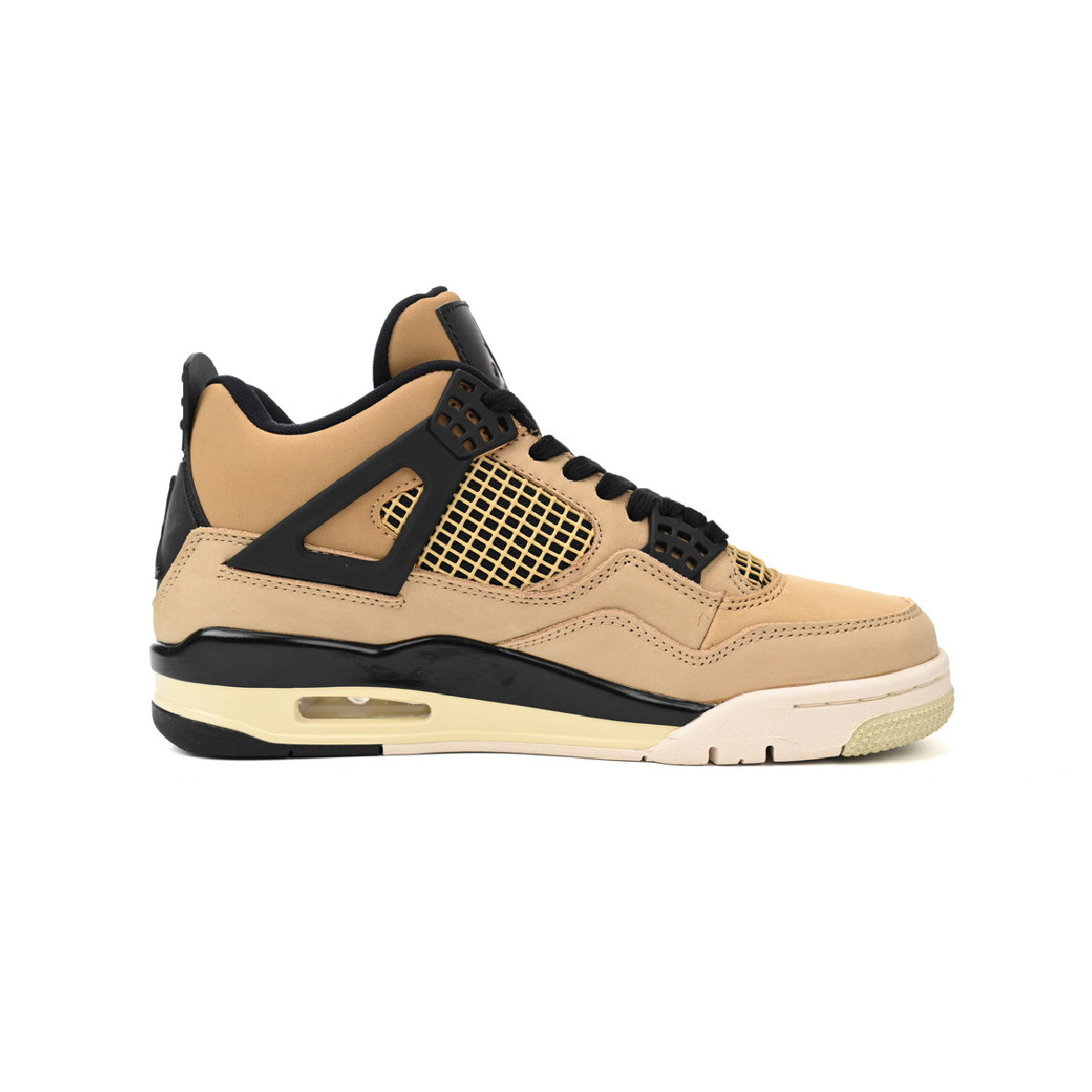 Air Jordan 4 Fossil baskets homme et femme en cuir beige, vue de profil