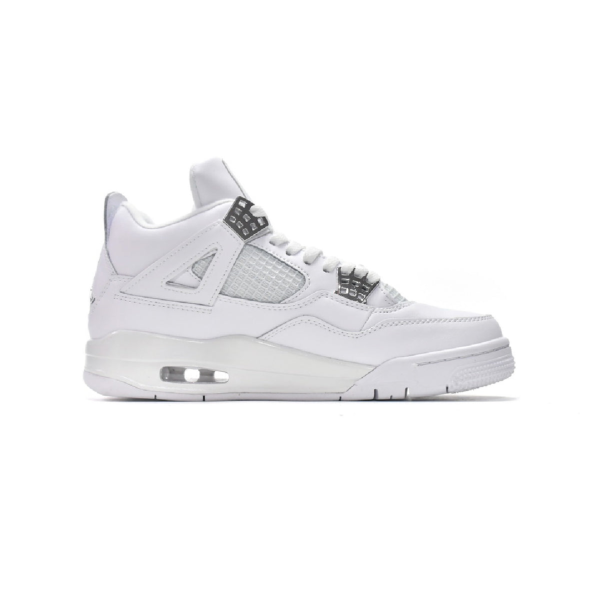 Air Jordan 4 Pure Money baskets homme et femme en cuir blanc, vue de profil