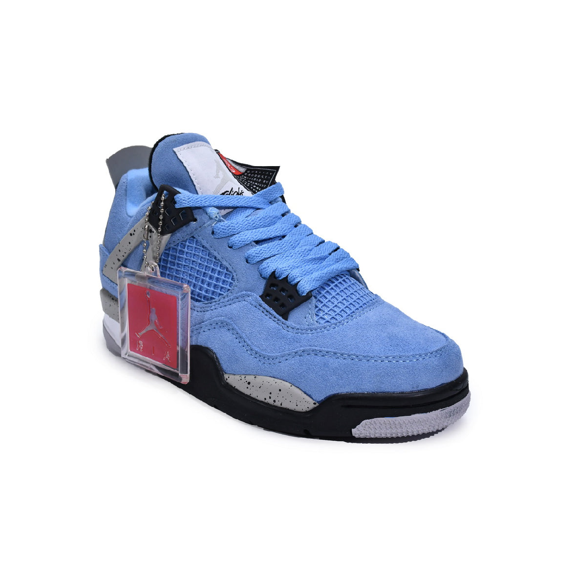 Air Jordan 4 University Blue baskets homme et femme en daim bleu, vue de face