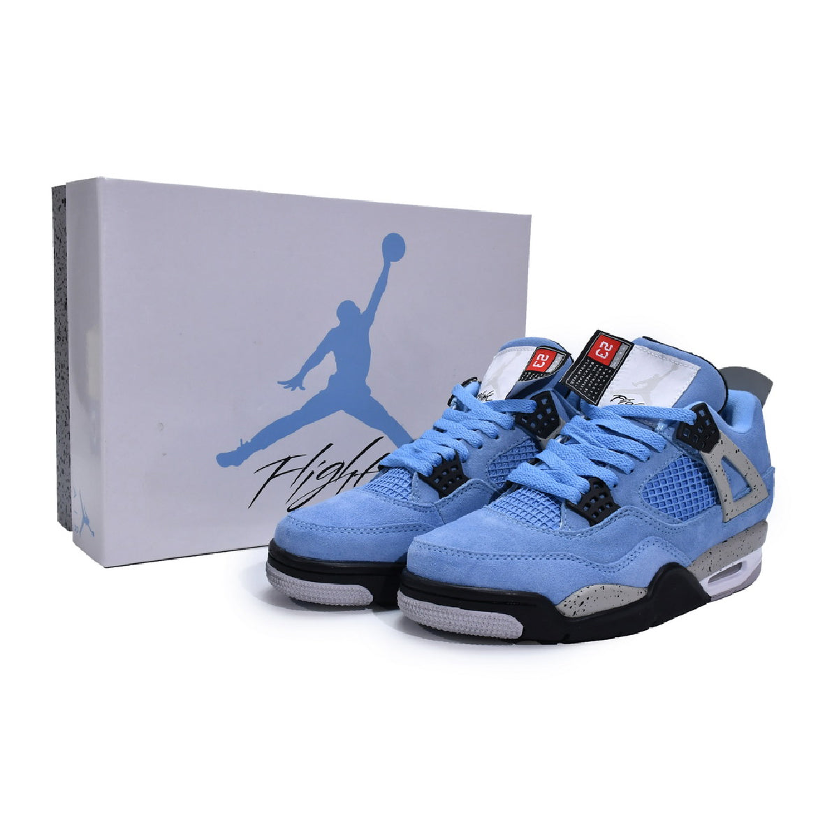 Air Jordan 4 University Blue baskets homme et femme en daim bleu, vue arrière