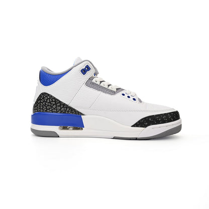 Air Jordan 3 Racer Blue baskets homme et femme en cuir bleu, vue de profil
