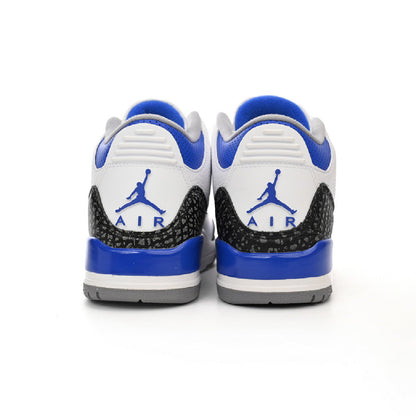 Air Jordan 3 Racer Blue baskets homme et femme en cuir bleu, détail semelle