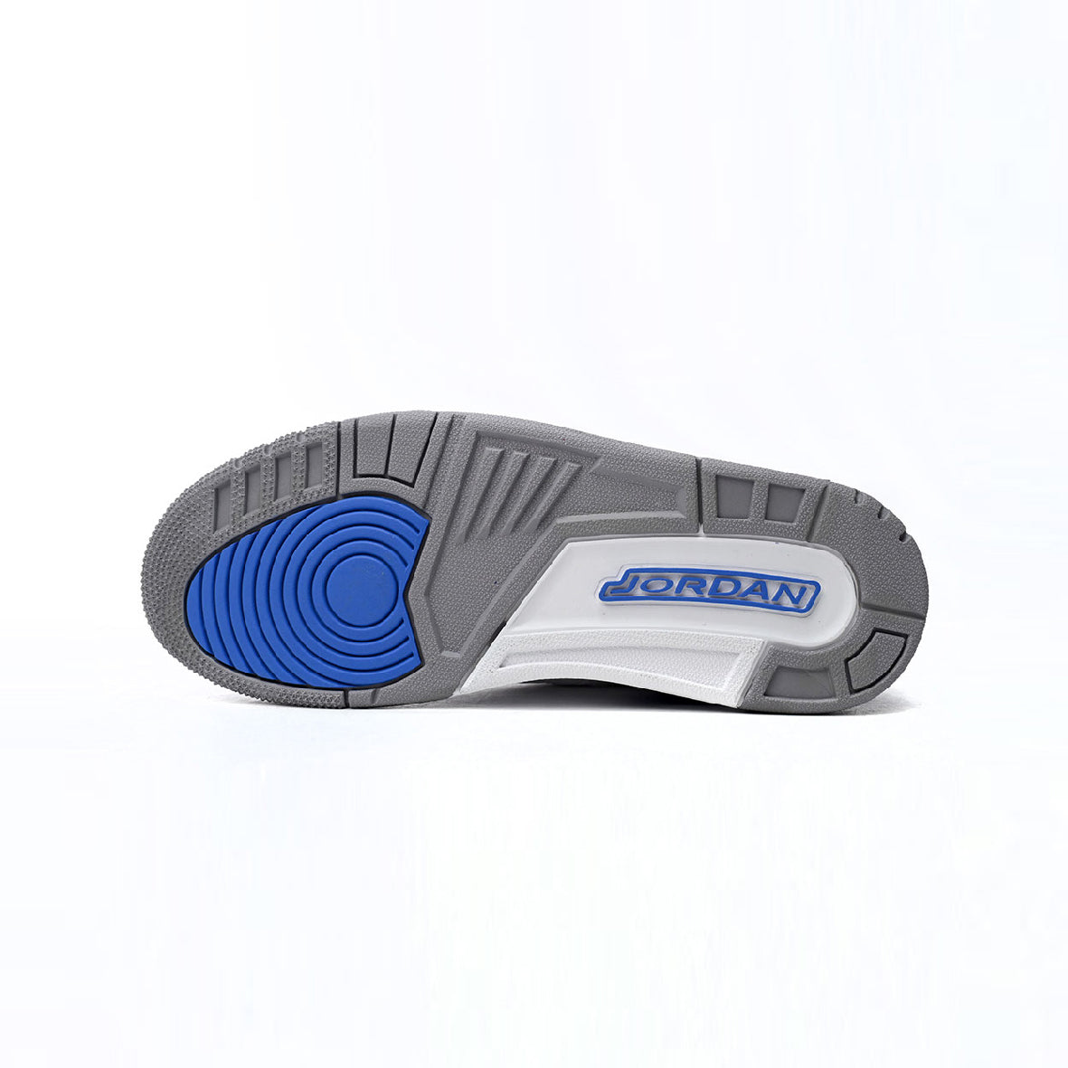Air Jordan 3 Racer Blue baskets homme et femme en cuir bleu, détail tige