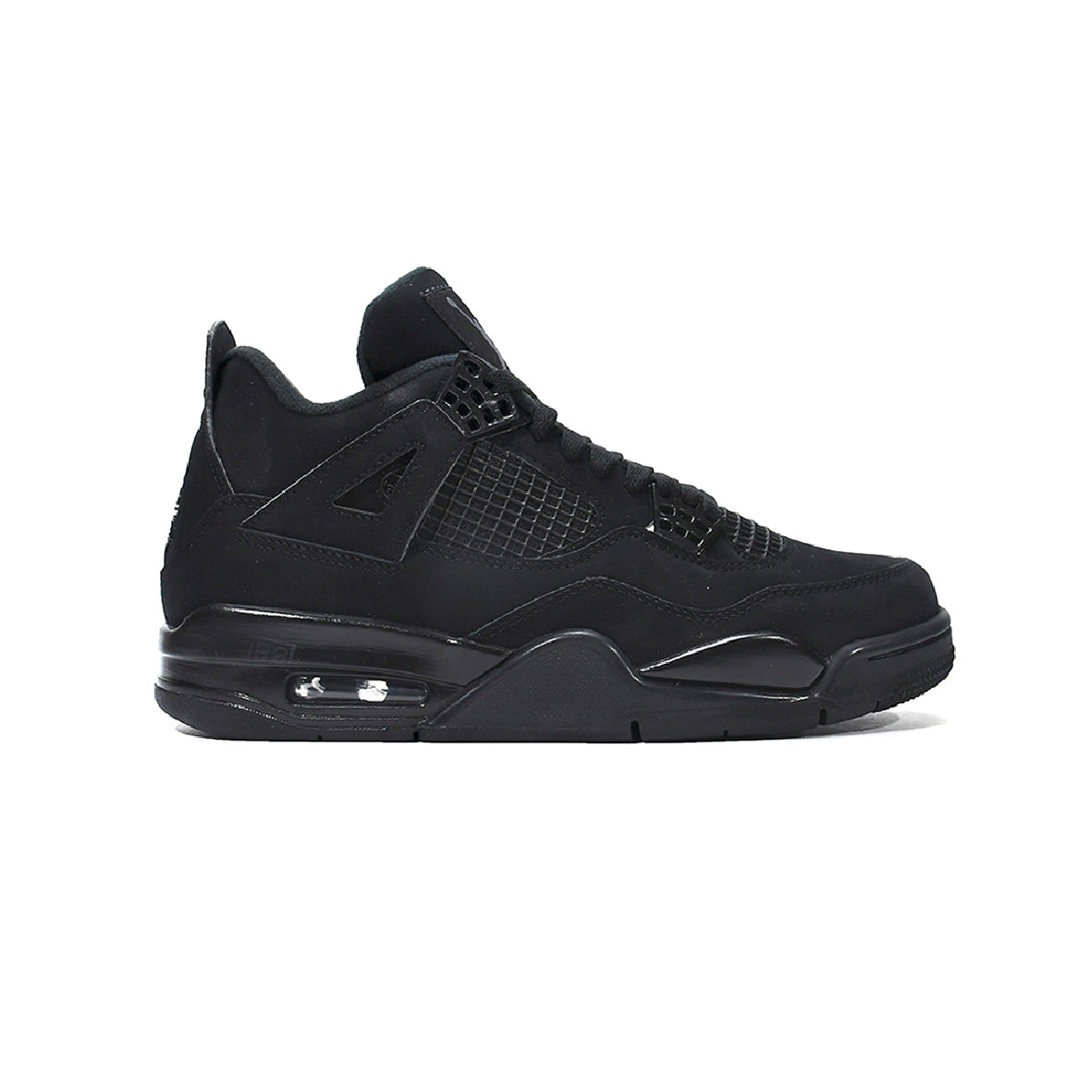Air Jordan 4 Black Cat baskets homme et femme en mesh noir, vue de profil