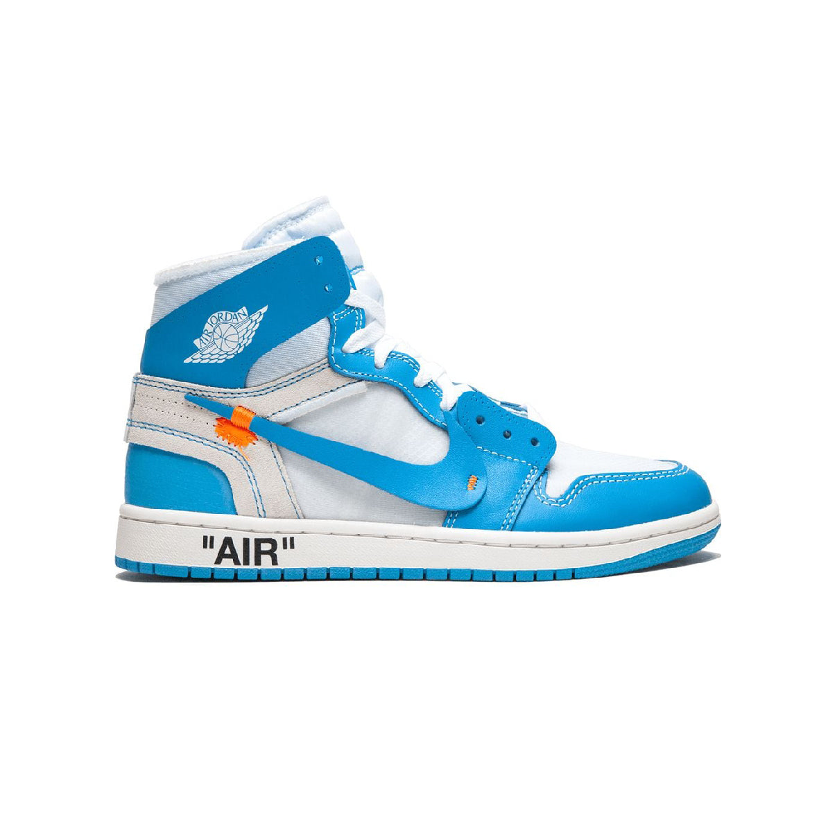 Air Jordan 1 High Off-White University Blue baskets montantes homme et femme en cuir blanc bleu, vue de profil