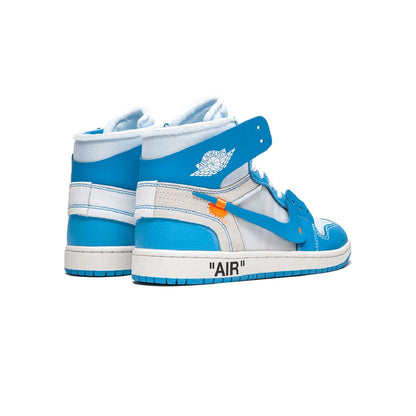 Air Jordan 1 High Off-White University Blue baskets montantes homme et femme en cuir blanc bleu, vue de face