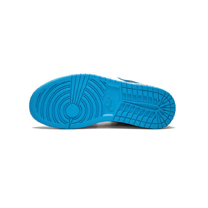 Air Jordan 1 High Off-White University Blue baskets montantes homme et femme en cuir blanc bleu, vue arrière