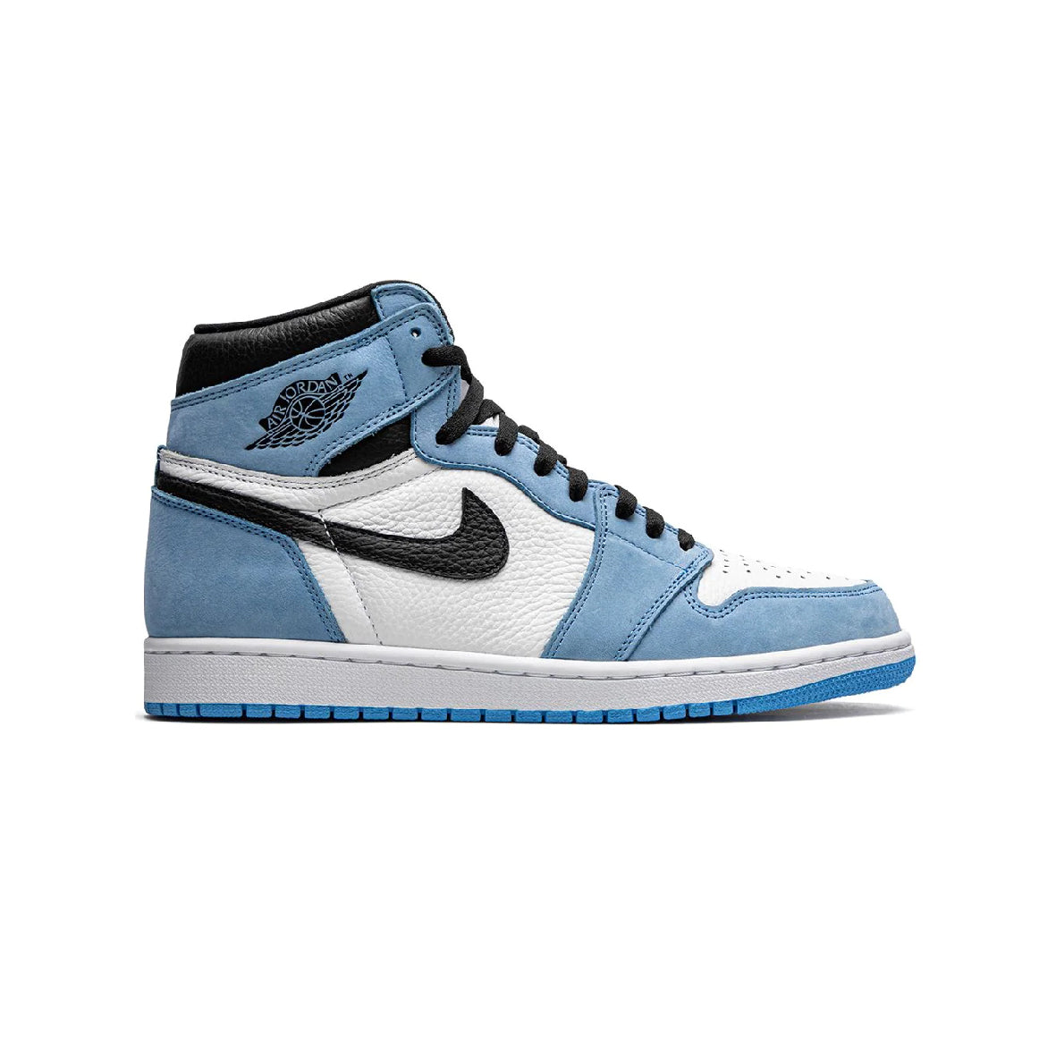Air Jordan 1 High University Blue baskets montantes homme et femme en daim bleu, vue de profil