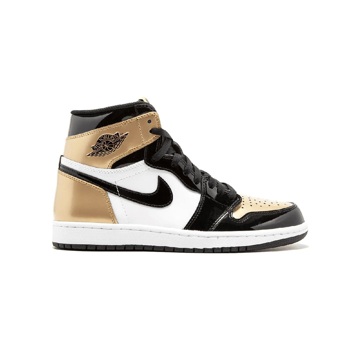 Air Jordan 1 High Gold Toe baskets montantes homme en cuir verni, vue de profil