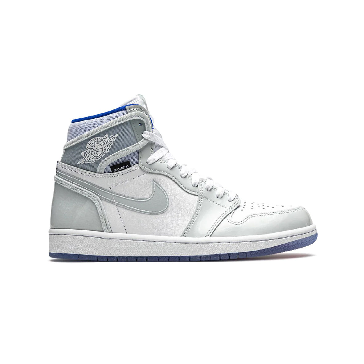 Air Jordan 1 High Zoom Racer Blue baskets montantes homme et femme en cuir verni bleu, vue de profil