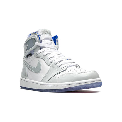 Air Jordan 1 High Zoom Racer Blue baskets montantes homme et femme en cuir verni bleu, vue de face