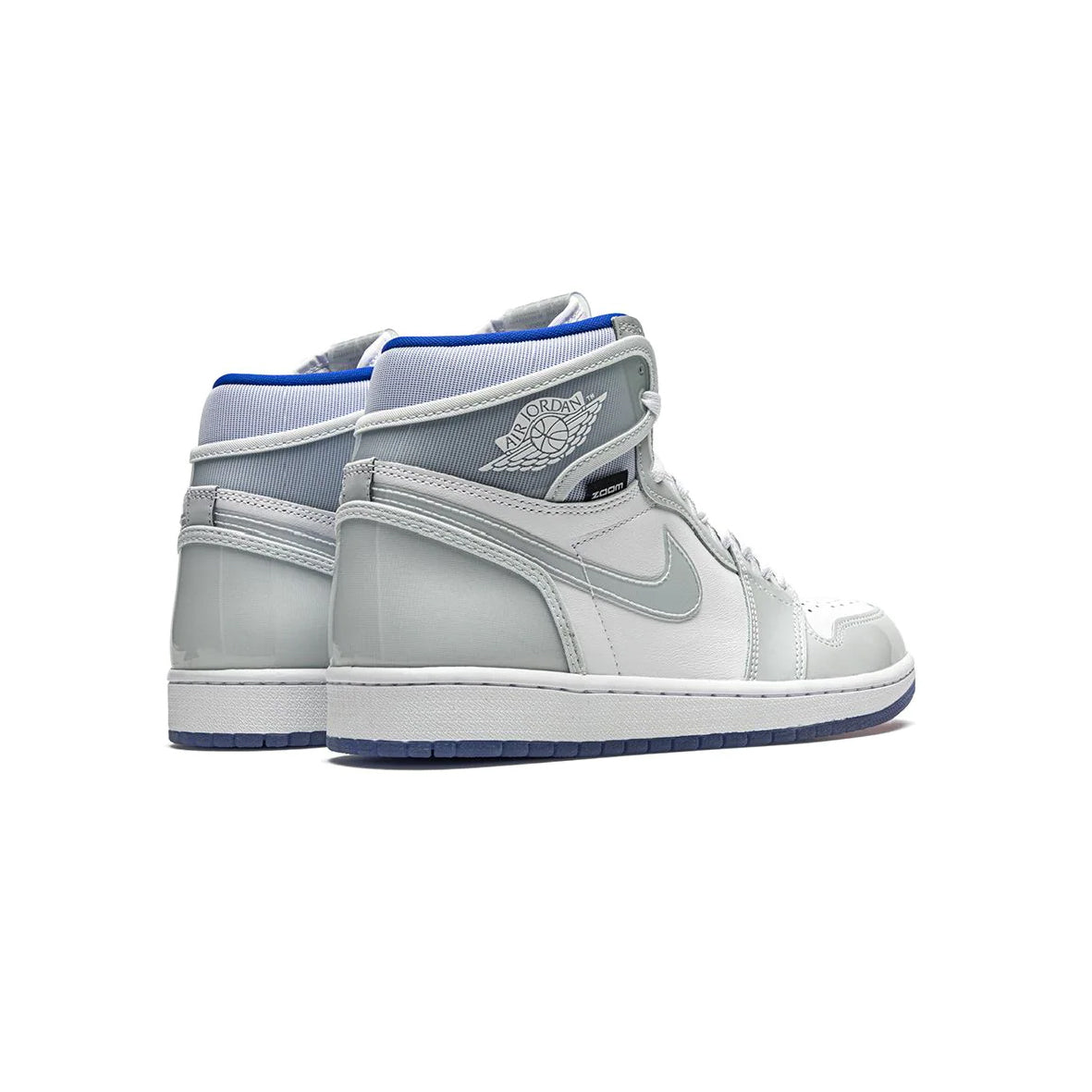 Air Jordan 1 High Zoom Racer Blue baskets montantes homme et femme en cuir verni bleu, détail semelle