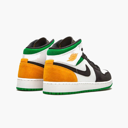 Air Jordan 1 Mid Oakland White, Orange and Green baskets mi-montantes homme et femme en daim blanc vert, vue de face