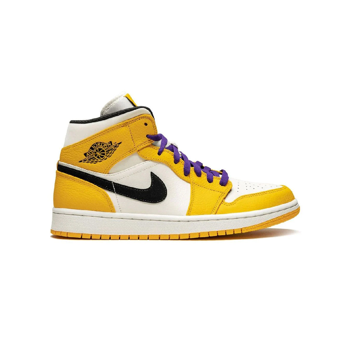 Air Jordan 1 Mid Lakers baskets mi-montantes homme et femme en cuir violet, vue de profil