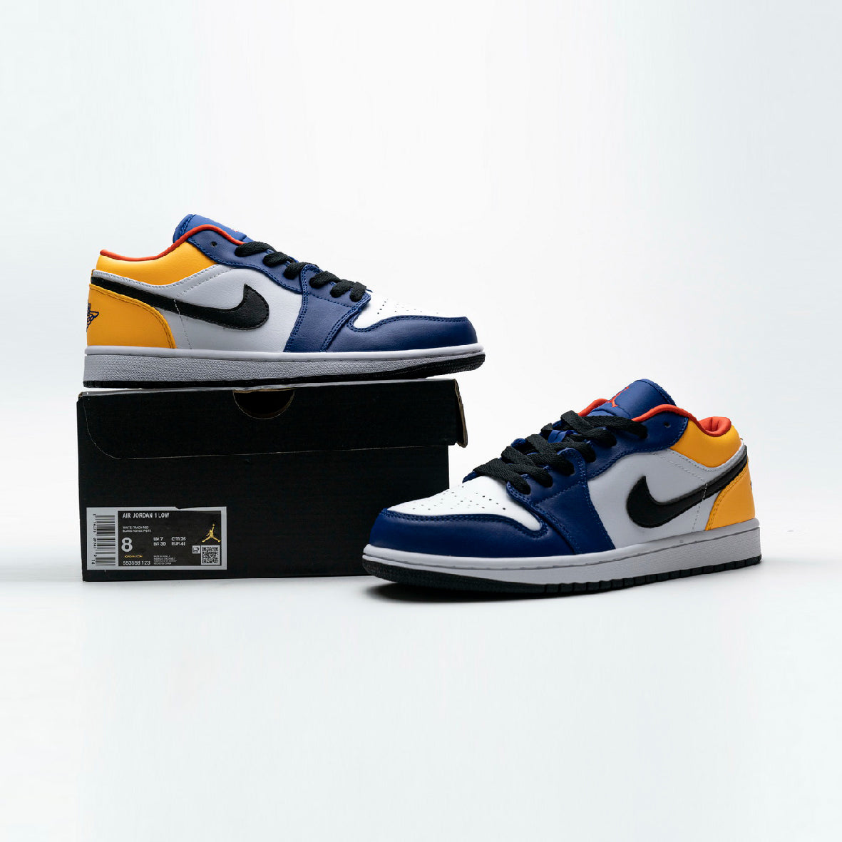 Air Jordan 1 Low Blue Yellow Orange baskets basses homme et femme en cuir bleu jaune, vue arrière