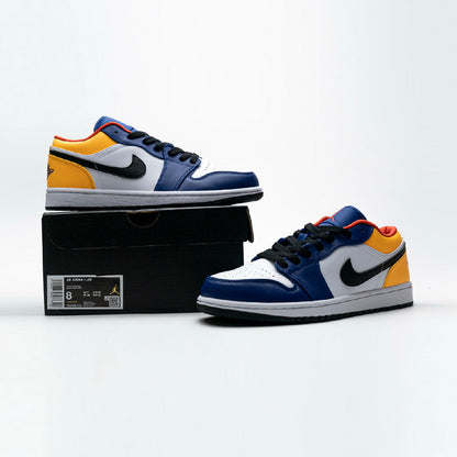 Air Jordan 1 Low Blue Yellow Orange baskets basses homme et femme en cuir bleu jaune, vue arrière
