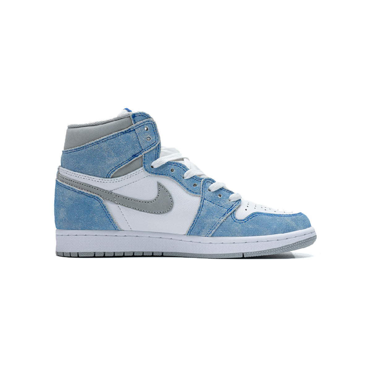 Air Jordan 1 High Hyper Royal baskets montantes homme et femme en daim bleu, vue de profil