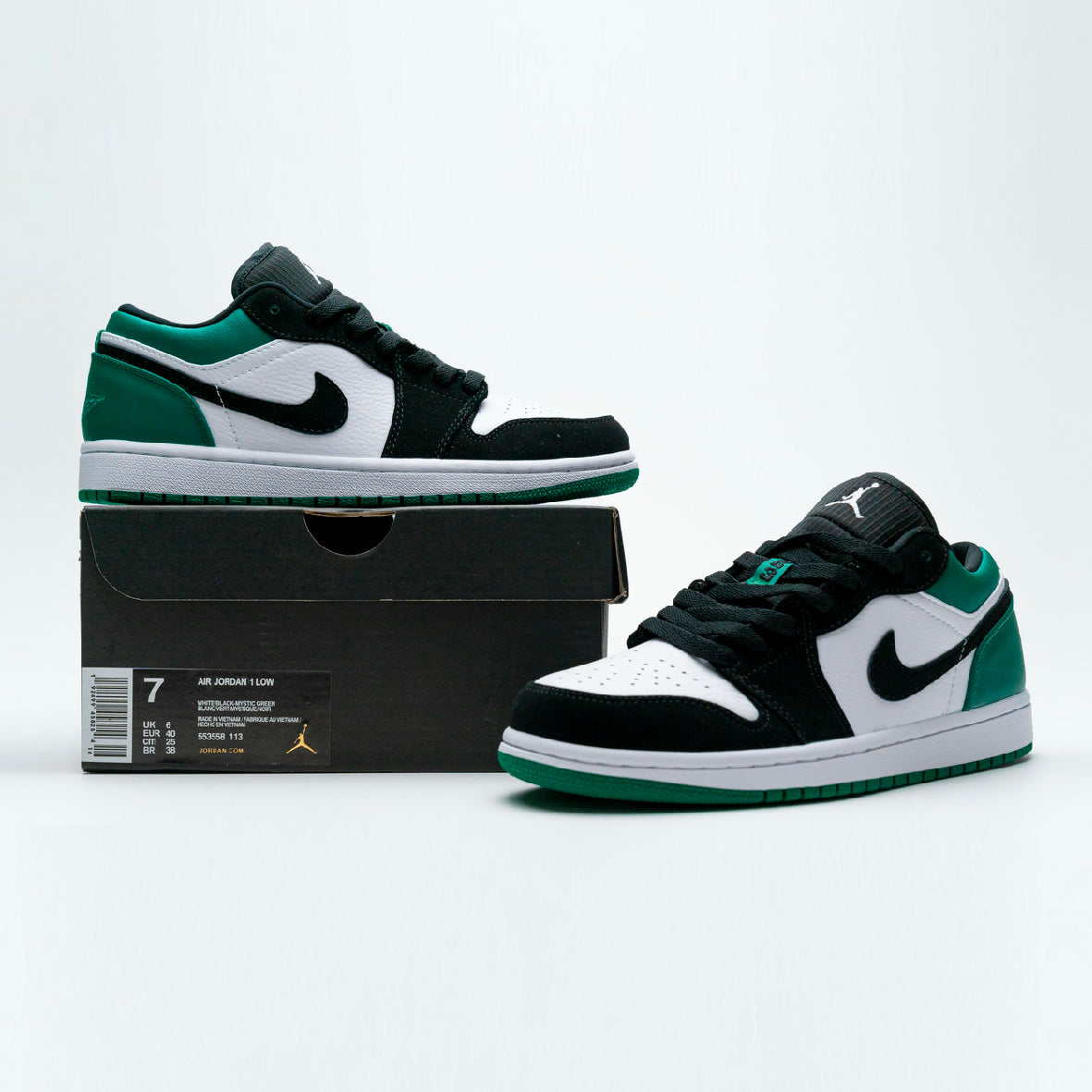 Air Jordan 1 Low Mystic Green baskets basses homme et femme en cuir vert, vue arrière