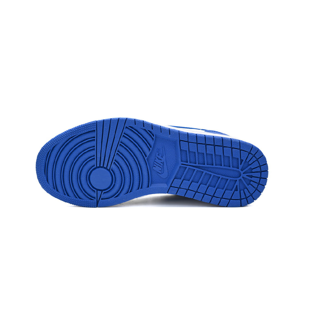 Air Jordan 1 Low Royal Toe baskets basses homme et femme en cuir bleu, détail tige