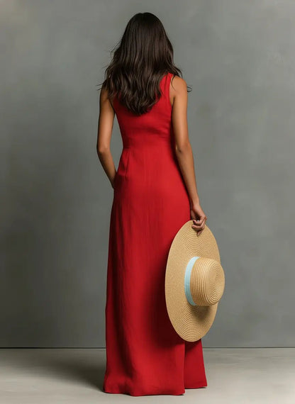 Sienna | Robe maxi sans manches en lin pour femme avec boutons sur le devant