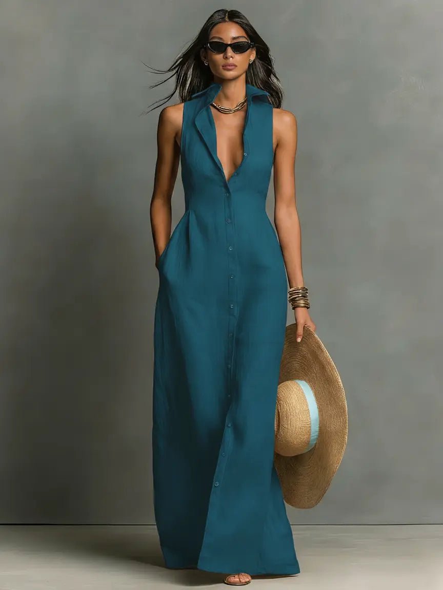 Sienna | Robe maxi sans manches en lin pour femme avec boutons sur le devant