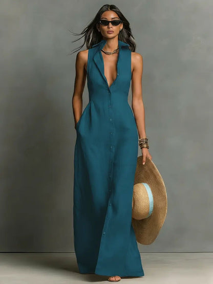 Sienna | Robe maxi sans manches en lin pour femme avec boutons sur le devant