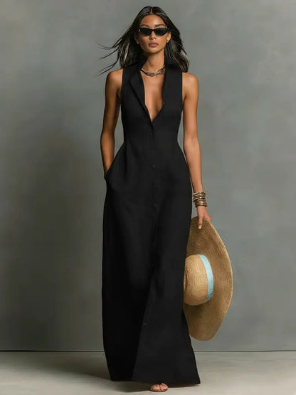 Sienna | Robe maxi sans manches en lin pour femme avec boutons sur le devant