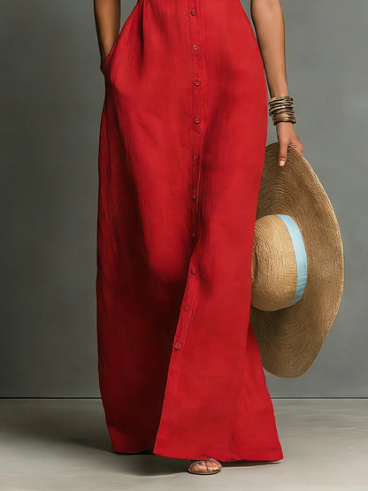 Sienna | Robe maxi sans manches en lin pour femme avec boutons sur le devant