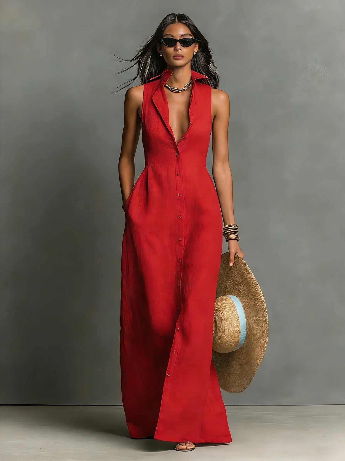 Sienna | Robe maxi sans manches en lin pour femme avec boutons sur le devant